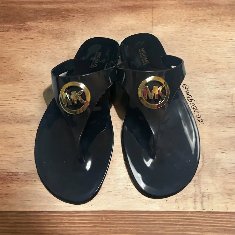 Michael Kors Black Jelly Thong W/Gold MK Logo BRAND NEW NEVER WORN_2